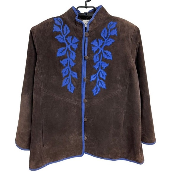 Linea BROWN blue SUEDE LEATHER blazer BUTTON JACKET leaves embroidery womens Lrg - Picture 1 of 13